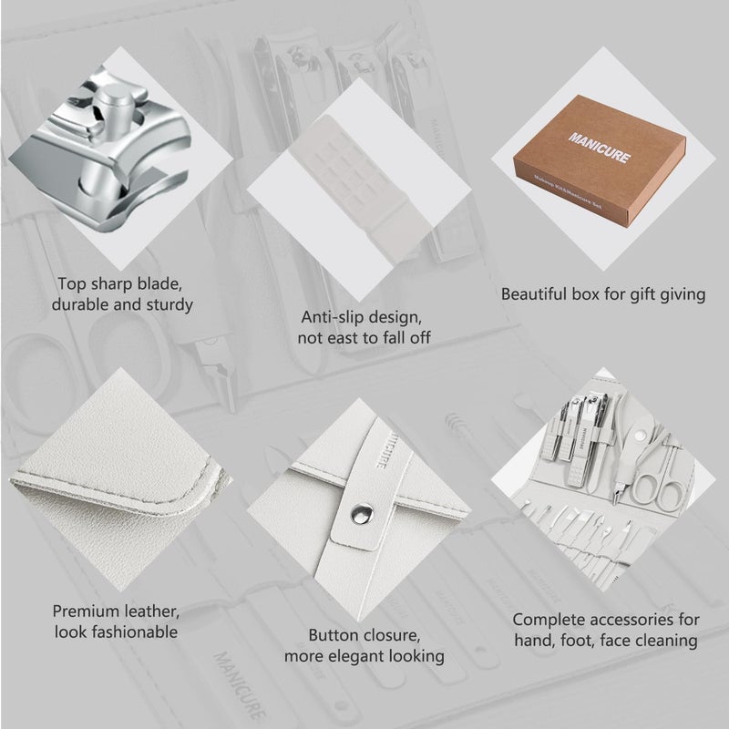Leipple Manicure Set Professional Nail Clippers Pedicure Kit, 16 pcs Stainless Steel Nail Care Tools Grooming Kit with Luxurious Travel Leather Case for Thick Nails Men Women Gift (White) - Image 5